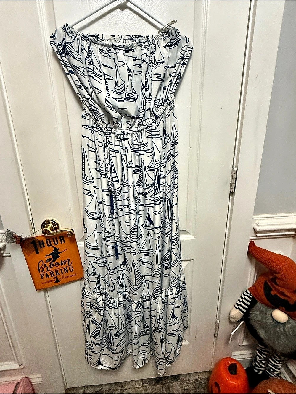 True Destination Nautical Sailboat Strapless Tiered Maxi Dress